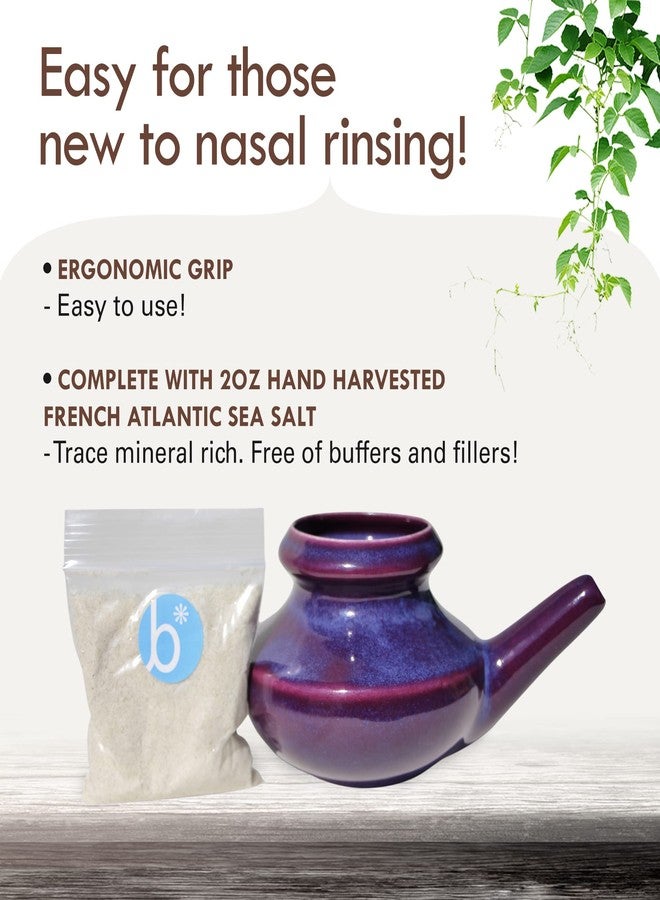 Baraka Neti Pot Tool Kit - Snoring & Saline Solution, Handcrafted Ceramic Dishwasher Safe with 2oz Mineral Sea Salt for Nose Cleaning & Sinus Rinse Perfect for Allergy Relief in Adults & Kids (Purple) - Image 2